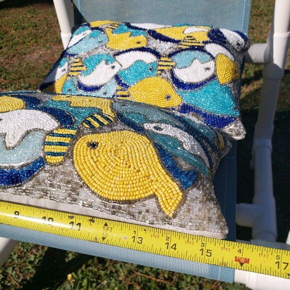 Lot Of 2: Pier 1 Handmade Fish Beaded Decorative Pillows Teal Blue Life Aquatic - Picture 12 of 16
